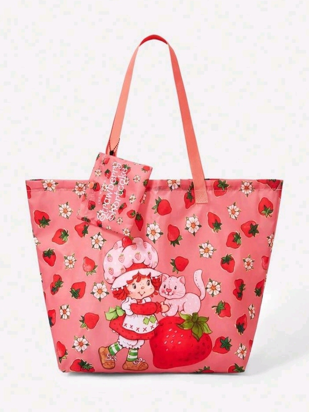 Strawberry Pattern Pink Tote Bag with Character Graphic